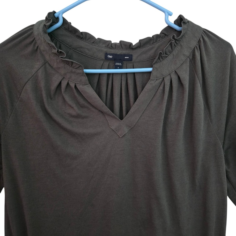 Gap Womens Charcoal Grey Ruffle V-Neck 3/4 Sleeve Drawstring Hem Blouse Small